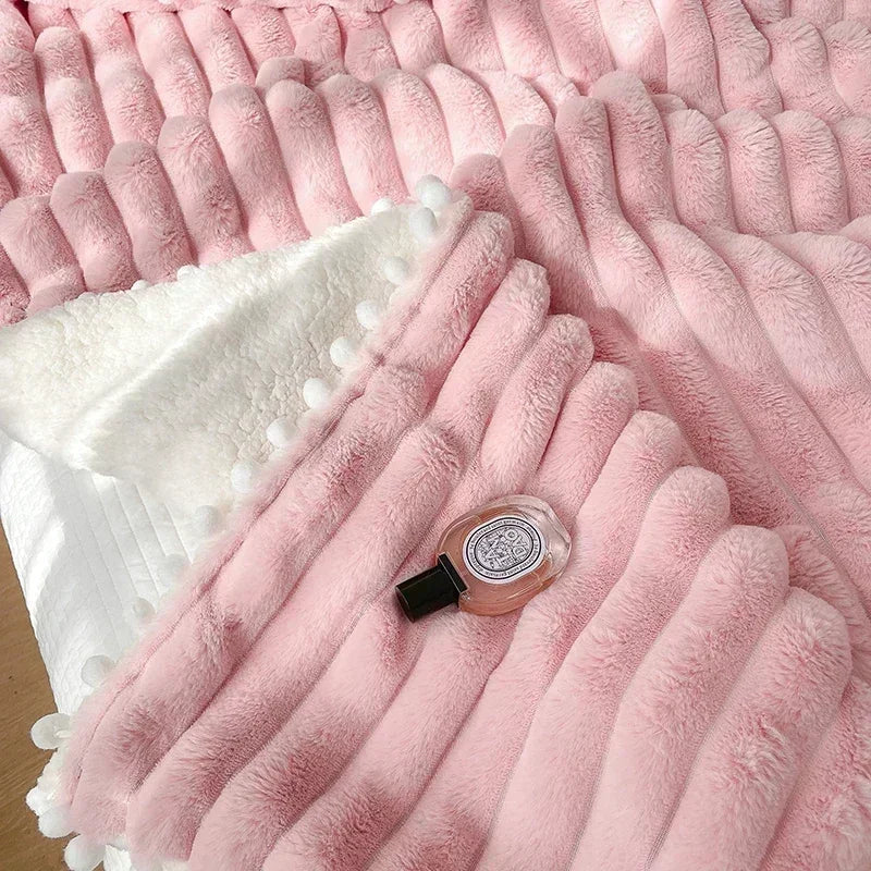 DecorBites™ Luxe Faux Rabbit Fur Weighted Double Blanket for Cozy Bed Warmth